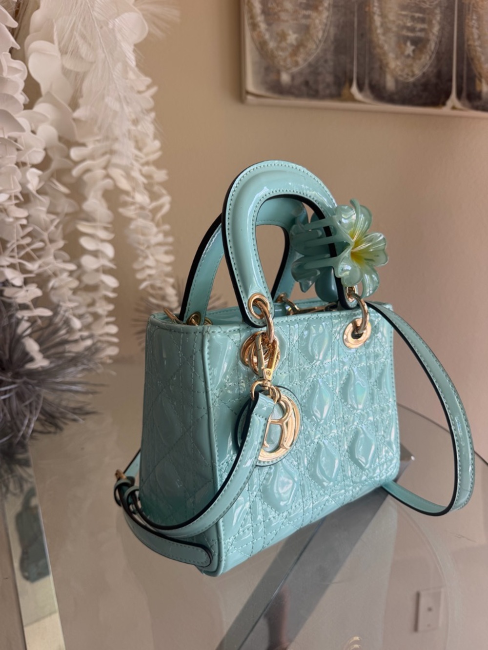 Aqua Patent Leather Quilted Top-Handle Bag with Gold Hardware - Picture 2 of 9